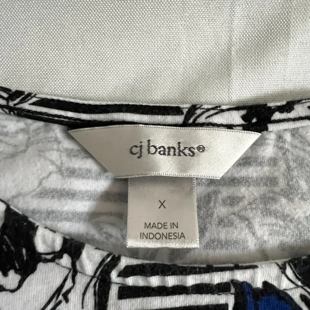 CJ Banks Womens Floral & Stripe Print Long Sleeve Top X Black/White/Blue - Picture 2 of 3